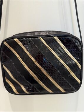 Vintage Oleg Cassini Black and Gold Diagonal Stripe Crossbody Bag